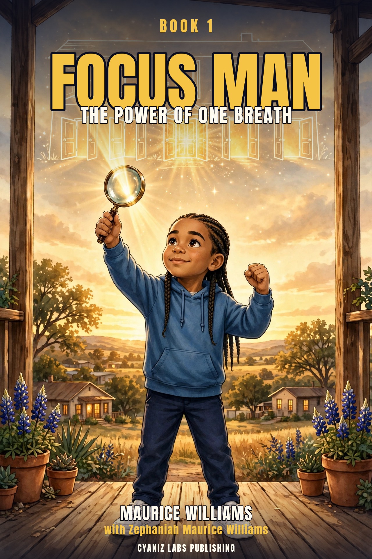 Cover of Focus Man Book 1: The Power of One Breath — Zeph on the porch at sunset, holding a magnifying glass up to the light.